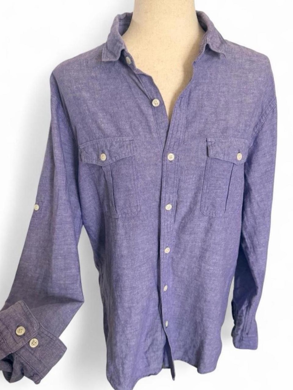 Express Purple Linen Cotton Button Up Shirt Woman’s Large Roll Tab Utility Boho